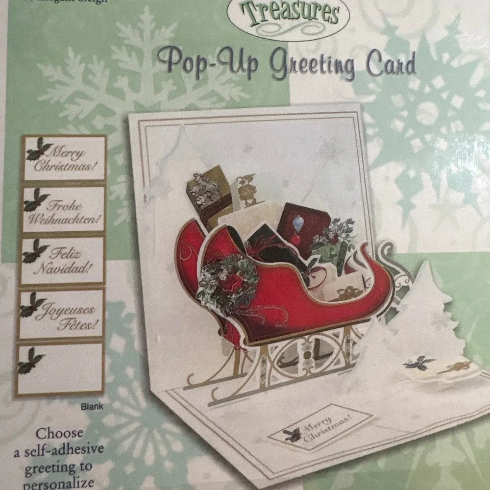 2 Treasures Pop Up Christmas Greeting Cards Jolly‎ Santa Claus Elegant Sleigh